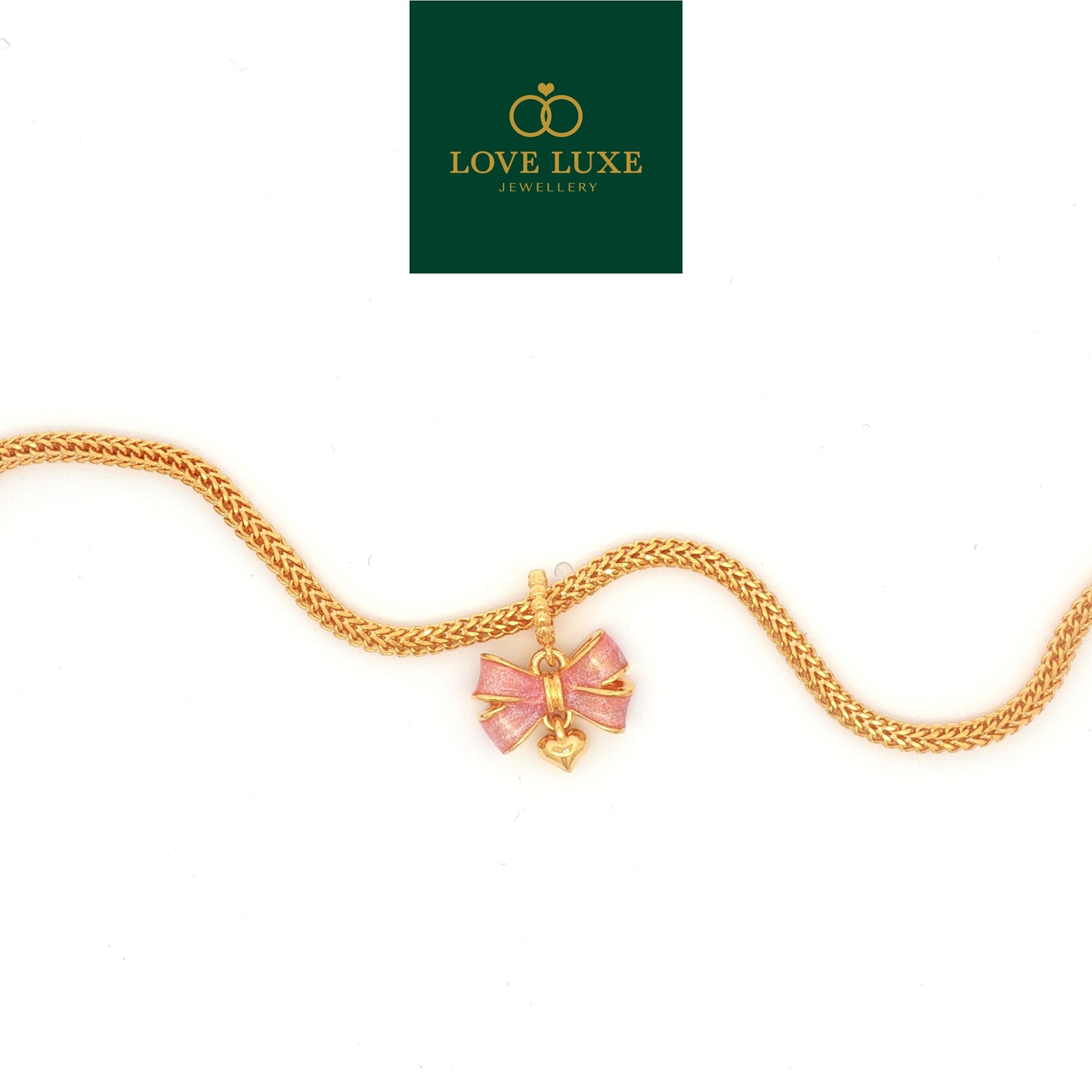 LOVE LUXE Pink Ribbon with Hanging Love Hard Gold Charm | Emas 916/22K