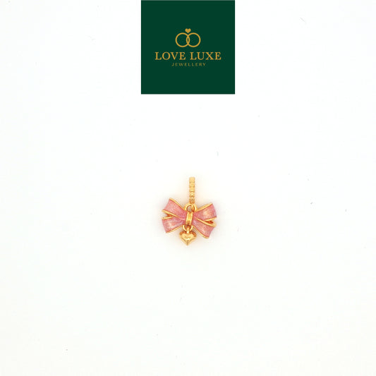 LOVE LUXE Pink Ribbon with Hanging Love Hard Gold Charm | Emas 916/22K