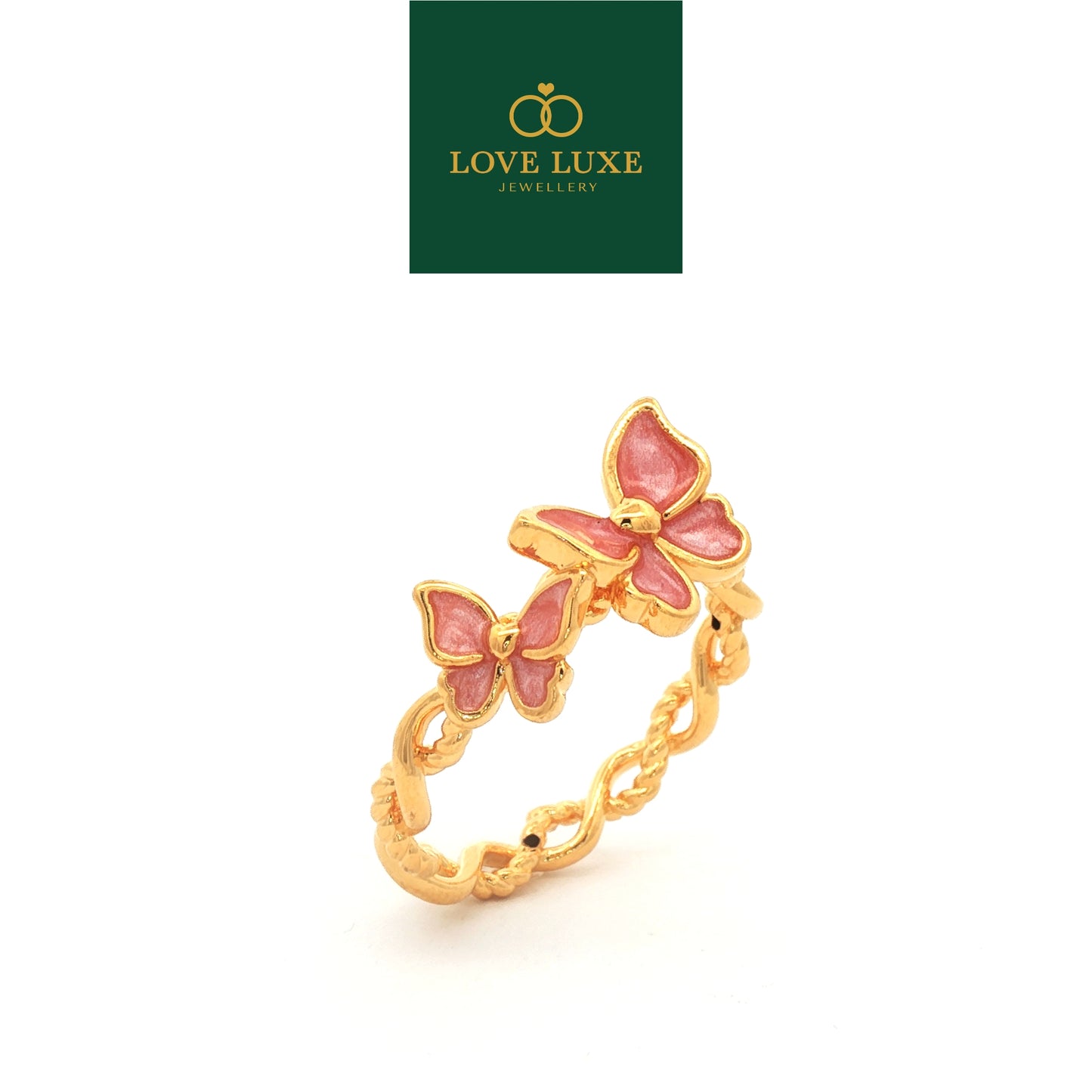 Pink Braided Double Butterfly 5D Hard Gold Ring | Emas 916/22K